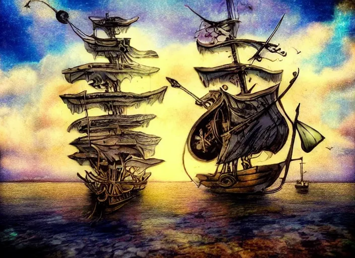 Image similar to sailing pirate ship, amazing sky, lowbrow, 3 - d, highly detailed, in the style of alexander jansson,