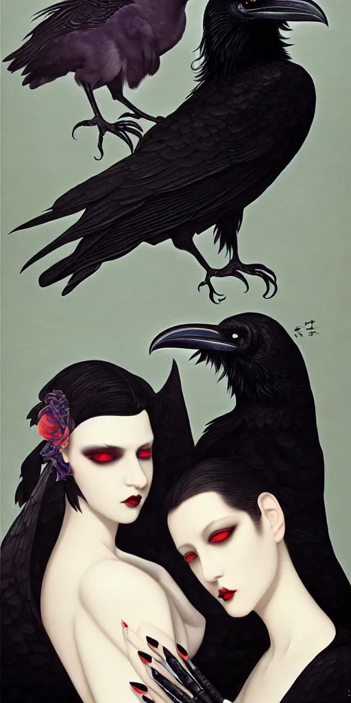 Image similar to breathtaking detailed concept art painting art deco portrait of goth couple amalgamation raven, by hsiao - ron cheng, bizarre compositions, exquisite detail, extremely moody lighting, 8 k