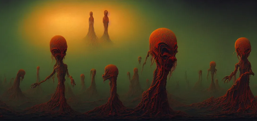 Prompt: hellish translucent alien creatures on an alien world, artstyle zdzisaw beksinski, very intricate details, high resolution, 4 k