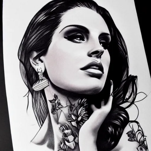 Image similar to Lana del rey tattoo design, photorealistic, dramatic