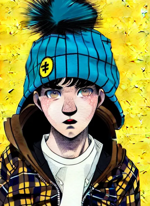 Prompt: highly detailed portrait of basketball boy punk student, blue eyes, tartan hoody, hat, white hair by atey ghailan, by greg tocchini, by kaethe butcher, gradient yellow, black, brown and cyan color scheme, grunge aesthetic!!! ( ( graffiti tag wall flat colour background ) )