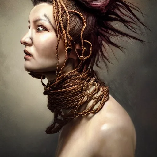 Image similar to portrait of a Shibari rope wrapped face and neck, headshot, insanely nice professional hair style, dramatic hair color, digital painting, of a old 13th century, traveler, amber jewels, baroque, ornate clothing, scifi, realistic, hyperdetailed, chiaroscuro, concept art, art by Franz Hals and Jon Foster and Ayami Kojima and Amano and Karol Bak,