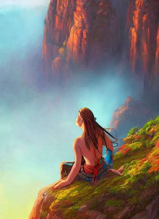 Prompt: an shaman sitting at the top of a cliff, looking down at the valley, doing a vision quest, beautiful sunset, art by artgerm