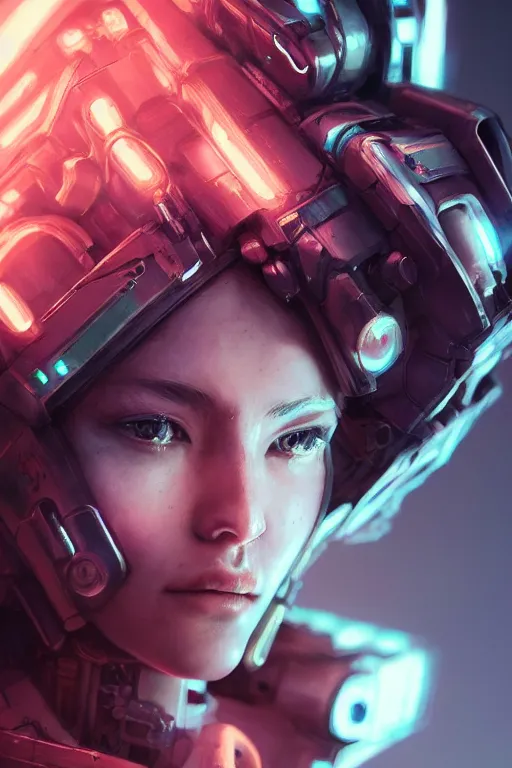 Image similar to beautiful close - up portrait of a cyborg mercenary girl, art by wlop and liam wong, cyberpunk, neon, combat armor, head and shoulders, long hair, intricate details, trending on artstation, sharp focus, caustics, octane render, radiant light, 4 k