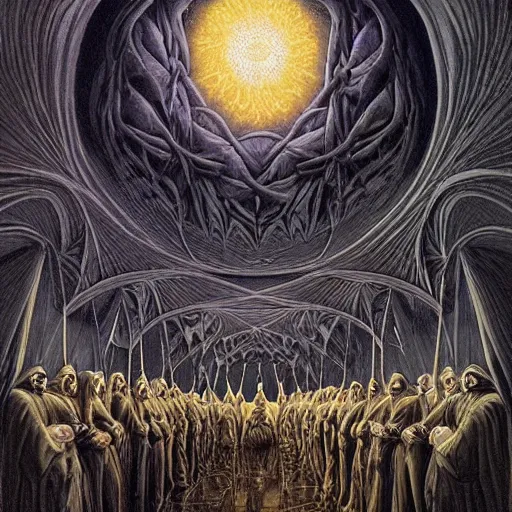 Image similar to a dark cabal of hooded mystics in long robes gathered in a circular formation around a highly advanced machine processing the spirit of a dying man, dan seagrave art, michael whelan