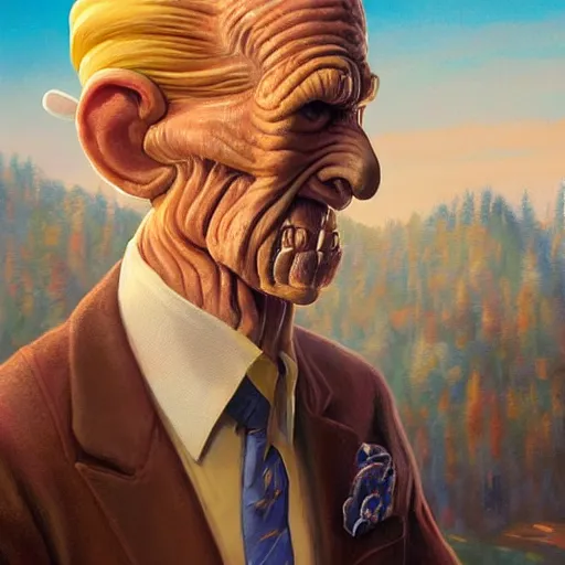 Image similar to clear portrait of mister burns, adorable appearance!!!, golden hour, happy apearance, cottagecore!!, background hyper detailed, character concept, full body, dynamic pose, intricate, elegant, highly detailed, digital painting, artstation, concept art, smooth, sharp focus, illustration, art by artgerm and greg rutkowski and alphonse mucha