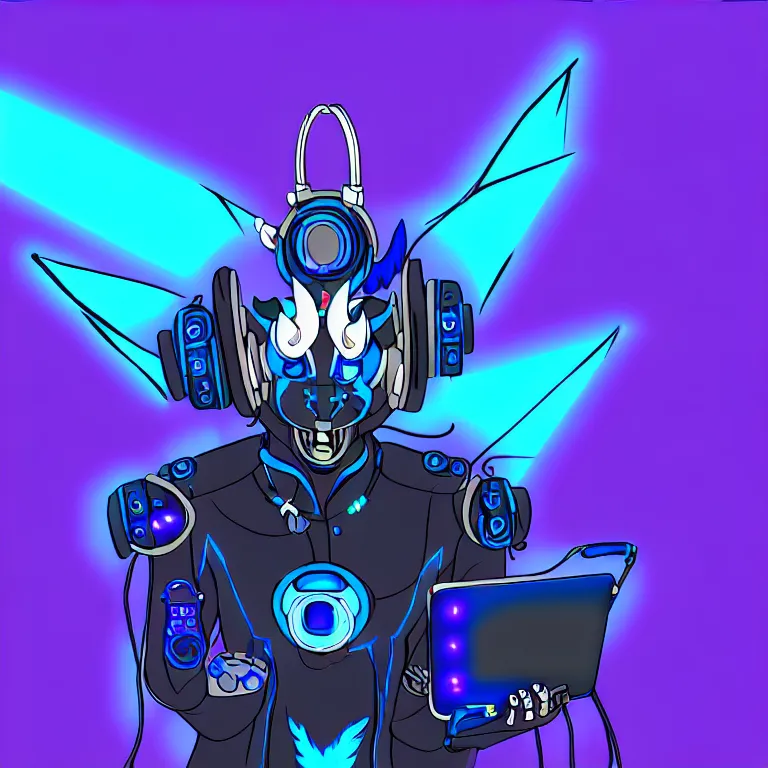 Prompt: an anthropomorphic male blue dragon fursona wearing a cybernetic suit, headphones on his head, laptop, cyberpunk, furry, vivid saturation, digital art, soft lighting