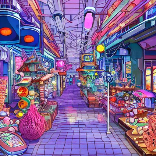 Prompt: anime background of an undersea shopping district built from various sea shells and corals, seaweed, light prisms, light diffraction, steampunk, cyberpunk, cool lights, anime, vhs distortion