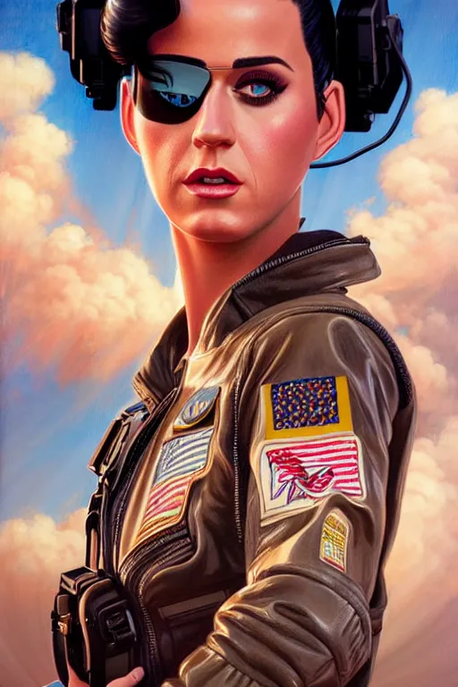 Image similar to katy perry in the movie top gun, realistic portrait, symmetrical, highly detailed, digital painting, artstation, concept art, smooth, sharp focus, illustration, cinematic lighting, art by artgerm and greg rutkowski and alphonse mucha