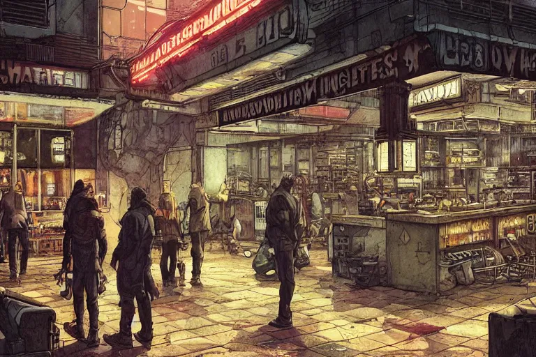 Prompt: detailed ultra - realistic graphic novel illustration of shadowrun cyberpunk postapocalyptic desolate industrial bar inspired by edward hopper and gregory crewdson, cinematic, full shot, ian miller, wayne barlowe, greg rutkowski