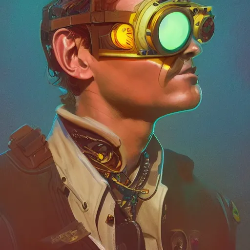 Image similar to a head and shoulders portrait of a space cowboy, neon, retro, steampunk, smooth, sharp focus, intricate, artstation, detailed concept art by Rutkowski and Mucha and sky sewa and Marc Simonetti