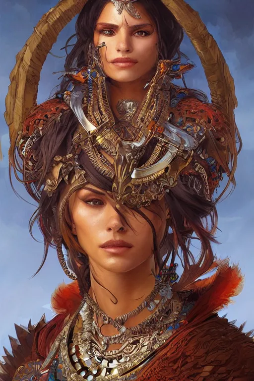 Image similar to a portrait of a anthropomorphic an acient aztec warrior goddess, D&D, fantasy, intricate, highly detailed, digital painting, artstation, concept art, smooth, sharp focus, illustration, art by artgerm and greg rutkowski and alphonse mucha