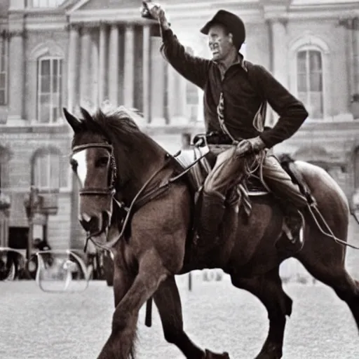 Image similar to clint eastwood riding a horse through london