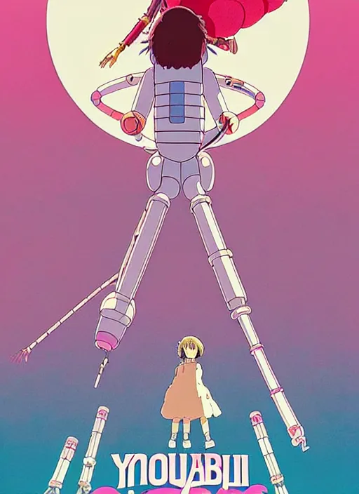 Prompt: a movie poster for a studio Ghibli film based on the song Yoshimi battles the pink robots, part 1. by the band the flaming lips; artwork by Hiyao Miyazaki and studio Ghibli; a Japanese girl is about to fight a gigantic Pink Robot in an alley in Tokyo