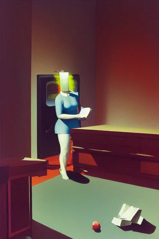 Image similar to woman put the television through her head Edward Hopper and James Gilleard, Zdzislaw Beksisnski, higly detailed