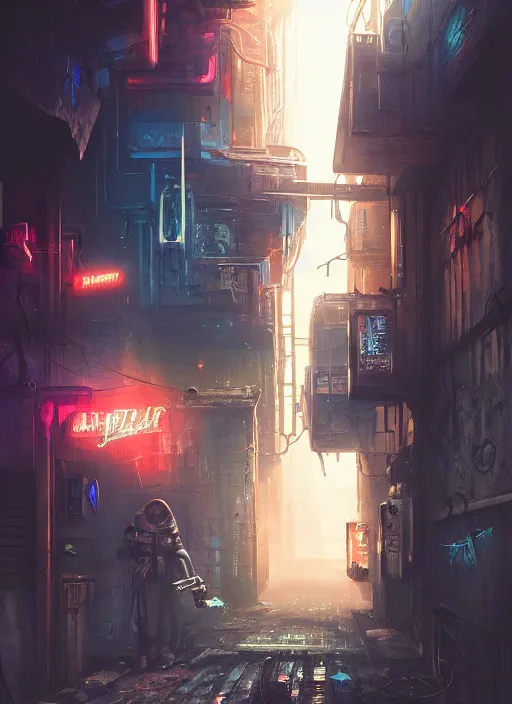 Prompt: airbrushed painting of a cyberpunk alleyway, stunning, featured on artstation, cinematic lighting, hyperdetailed, cgsociety, 8k, dramatic, dark atmosphere, alluring