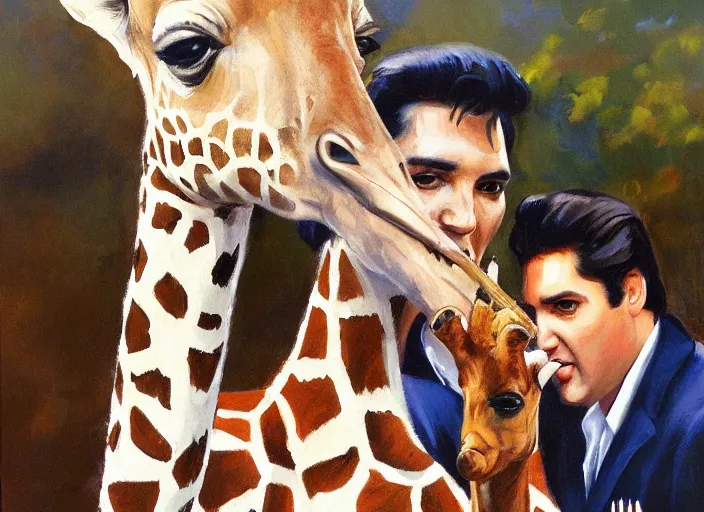 Prompt: a highly detailed beautiful portrait of elvis presley with a giraffe, by gregory manchess, james gurney, james jean