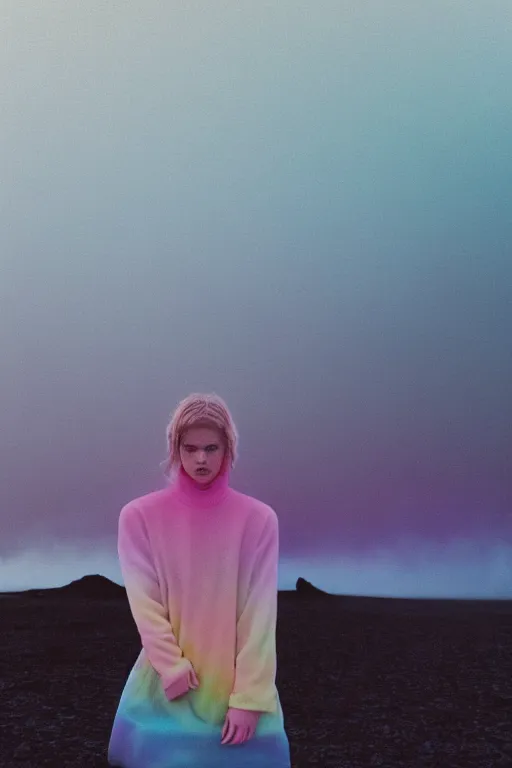 Image similar to high quality pastel coloured film close up wide angle photograph of a model wearing clothing resting on cloud furniture in a icelandic black rock environment in a partially haze filled dreamstate world. three point light, rainbow. photographic production. art directed. pastel colours. volumetric clouds. pastel gradient overlay. waves glitch artefacts. extreme facial clarity. 8 k. filmic.