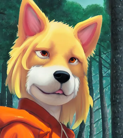 Prompt: close up character portrait icon of the anthro anthropomorphic very cute jindo dog trader head stylized anime animal person fursona wearing clothes standing in the bright forest, hidari, color page, tankoban, 4 k, tone mapping, akihiko yoshida