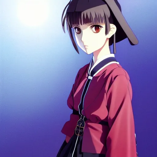 Image similar to a beautiful! boyish! natalie portman model, wearing japanese catholic school girl outfit with mayan pattern and native style, aztec street fashion, guilty gear art direction, perfect anime face, gapmoe yandere grimdark, trending on pixiv fanbox, painted by greg rutkowski makoto shinkai takashi takeuchi studio ghibli, akihiko yoshida