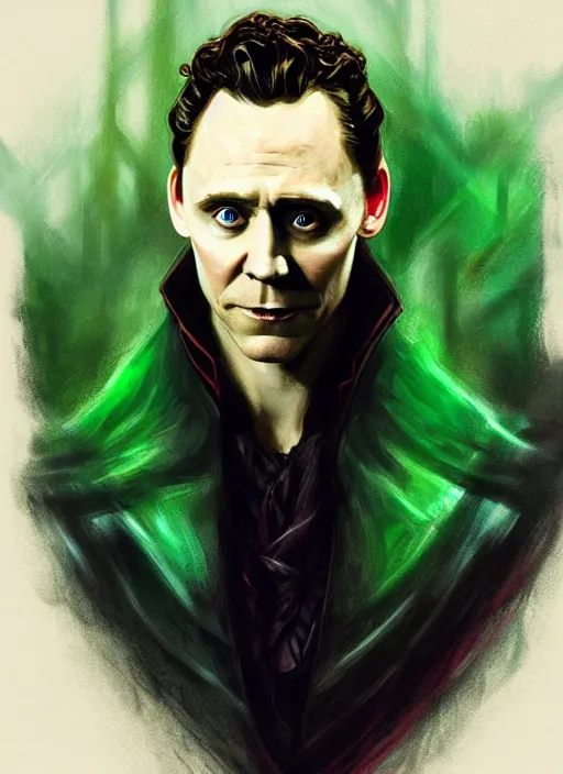 Image similar to portrait of tom hiddleston as a sultry vampire lord, loki, jewelry, greek, emerald, intricate, headshot, highly detailed, digital painting, artstation, concept art, sharp focus, cinematic lighting, illustration, art by artgerm and greg rutkowski, alphonse mucha, cgsociety