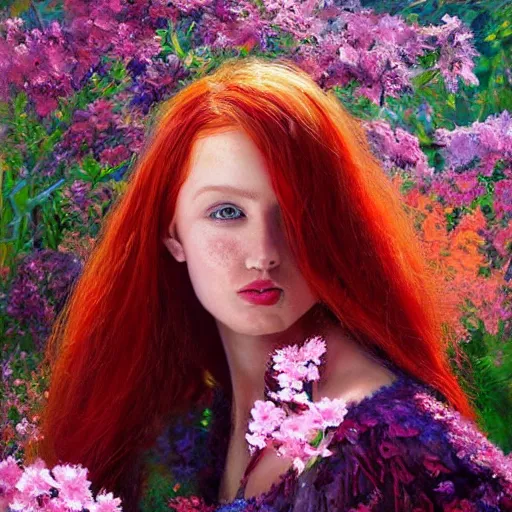 Prompt: a beautiful red haired woman in a garden, beautiful painting by irakli nadar