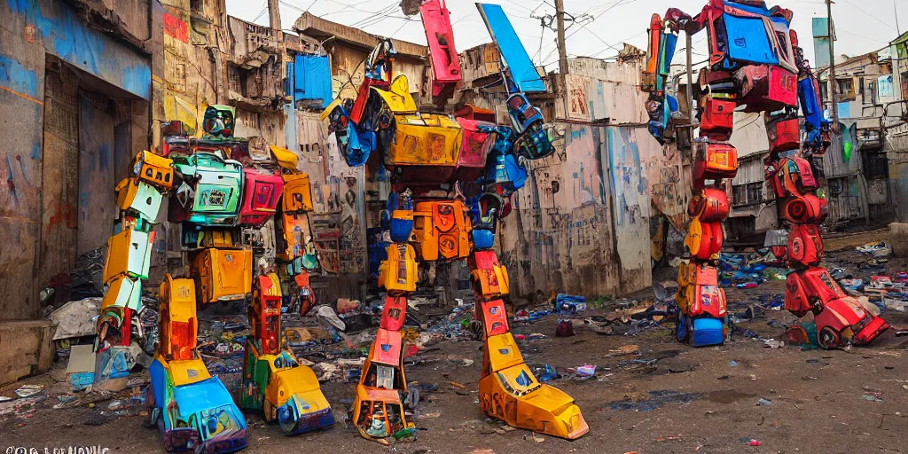 Image similar to colourful - damaged - giant mecha ROBOT of AJEGUNLE SLUMS (neon lit) of Lagos, markings on robot, Golden Hour,