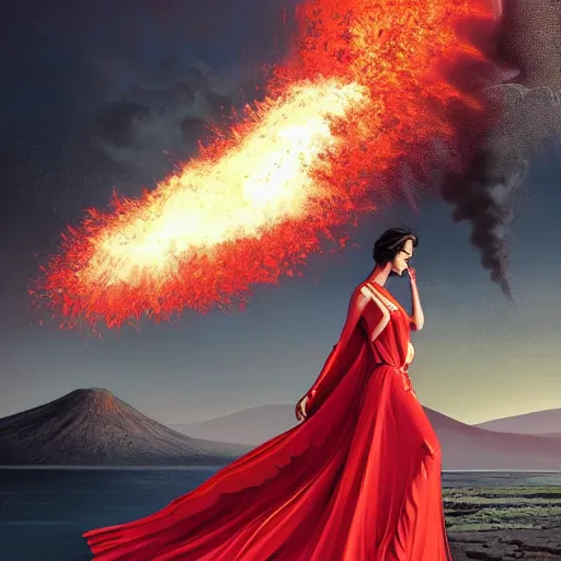 Image similar to luxury advertisement, a highly detailed epic cinematic concept art CG render digital painting artwork of a woman in a red dress posing in front of an erupting volcano. By Greg Rutkowski, Ilya Kuvshinov, WLOP, Stanley Artgerm Lau, Ruan Jia and Fenghua Zhong, trending on ArtStation, made in Maya, Blender and Photoshop, octane render, excellent composition, cinematic atmosphere, dynamic dramatic cinematic lighting, aesthetic, very inspirational, arthouse