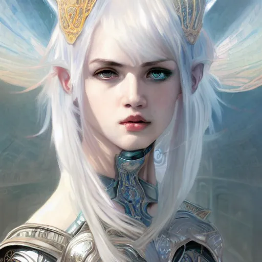 Image similar to portrait white hair knights of Zodiac girl, Sliver ice color reflected armor, in ruined Agora of Athens Sunrise, ssci-fi and fantasy, intricate and very very beautiful and elegant, highly detailed, digital painting, artstation, concept art, smooth and sharp focus, illustration, art by tian zi and WLOP and alphonse mucha