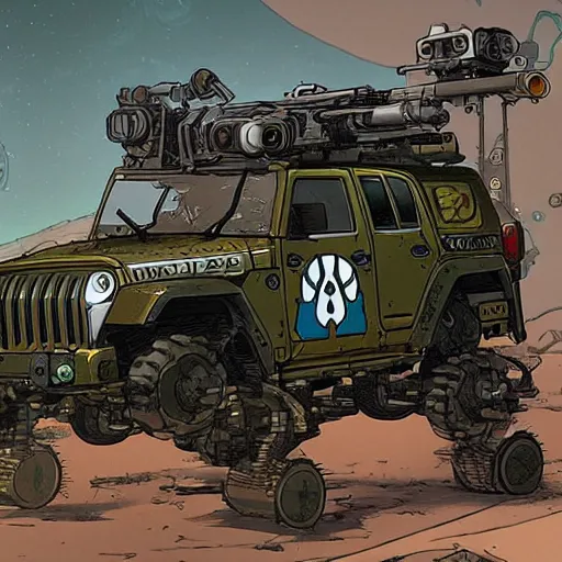 Image similar to froggy mech jeep concept borderland that looks like it is from Borderlands and by Feng Zhu and Loish and Laurie Greasley, Victo Ngai, Andreas Rocha, John Harris