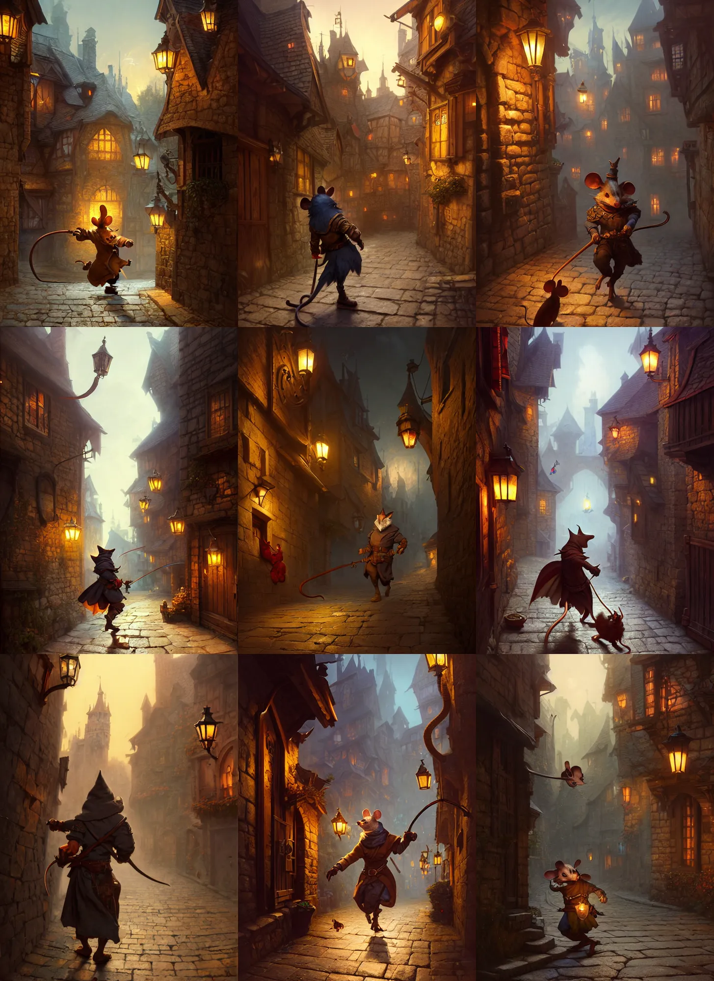 Prompt: Anthropomorphic mouse thief sneaking through a medieval town by night, DnD character, unreal engine, octane render, dramatic lighting, pond, digital art, by Stanley Artgerm Lau, greg rutkowski, thomas kindkade, alphonse mucha, loish, norman Rockwell