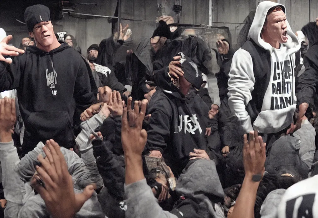 Image similar to john cena in a hoodie during a rap battle held in a warehouse. Rap battle from the movie 8 mile.