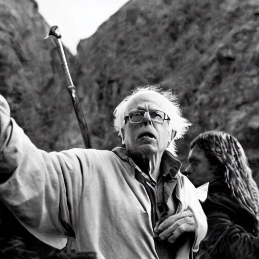 Prompt: Bernie Sanders as Gandolf defending Bridge of Khazad-dûm, 35mm photo