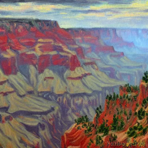 Prompt: painting in the style of claude monet of a extremely stormy day in the south rim of the grand canyon.