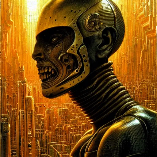 Image similar to cyberpunk cenobite, atmospheric lighting, painted, intricate, golden hour, ultra detailed by peter gric, giger, enki bilal