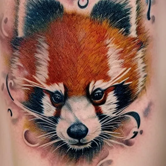 Image similar to “neotraditional tattoo of a red panda in a fullcap hat, digital art, tattoo art, highly detailed, hiperrealistic, photorealistic, 4k UHD, Zoltán Szente”