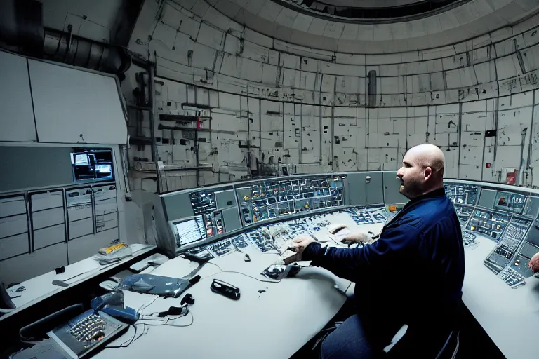 Image similar to heavyset bald man wearing a white shortsleeved shirt and blue jeans working in a nuclear silo control room by Emmanuel Lubezki