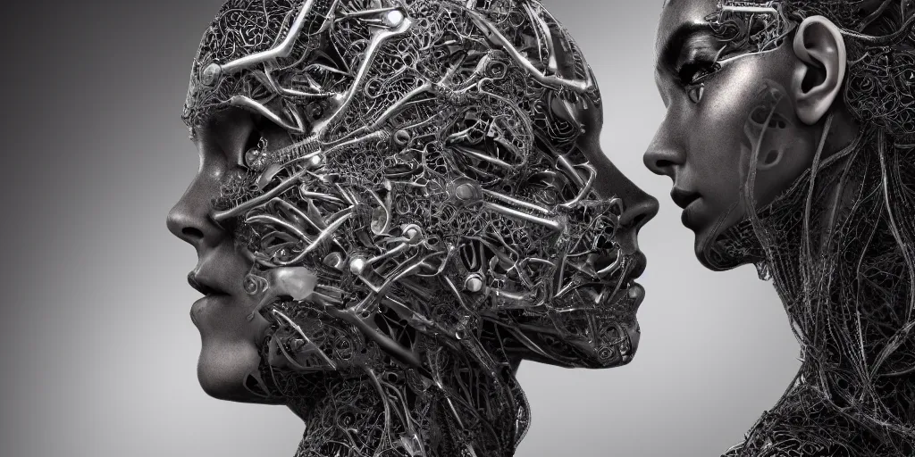 Prompt: hyper realistic photography of a stunningly cyborg female and male, intimate, intricate filigree, in the style of beth cavener, jin kagetsu, and wlop, highly detailed, chrome face symmetry, masterpiece, award - winning, sharp focus, concept art, high key, ambient lighting, 8 k, octane render,