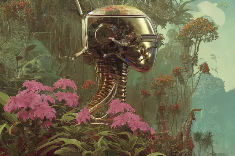 Image similar to evangelionic illustration, gigantic girl head, a lot of exotic vegetation, trees, tremendous pleasure robot, flowers, oldschool vintage sci - fi flat surreal design, super - detailed, oil painting by moebius, hd, 4 k, high quality