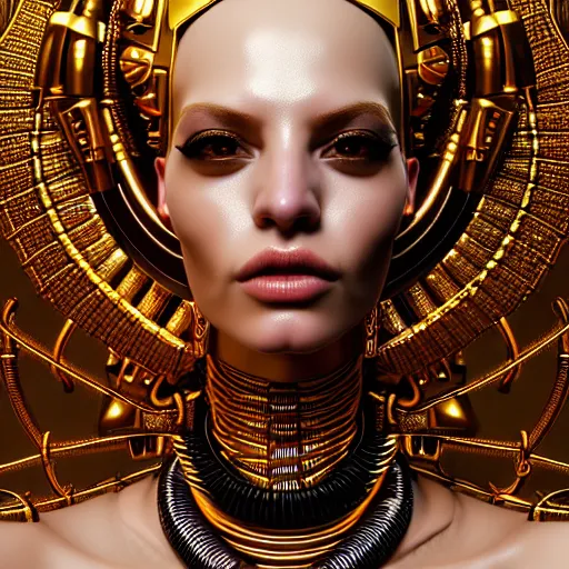 Image similar to portrait of an absurdly beautiful, graceful, sophisticated, fashionable egyptian cyberpunk mechanoid gravure idol, hyperdetailed illustration by irakli nadar, matt wisniewski style, intricate linework, fashion photography, porcelain skin, jellyfish headdress, golden cable necklace, unreal engine 5 highly rendered, radiant light, detailed and intricate environment