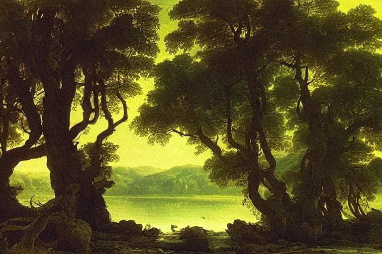 Image similar to painting of a old tree next to a meandering river by alexei savrasov and thomas cole