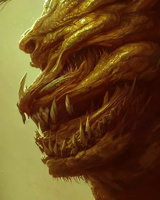 Image similar to A golden hulong resting, beautiful face, highly detailed face, close-up, fantasy art, monster art, in the style of greg rutkowski, illustration, epic, fantasy, intricate, hyper detailed, artstation, concept art, smooth, sharp focus, ray tracing