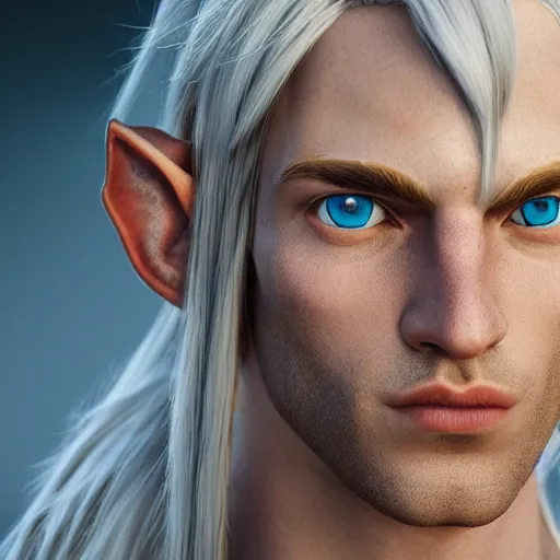 Prompt: a highly detailed portrait male elf, with white long hair, white clothes, bright blue eyes, artstation, DeviantArt, professional, octane render