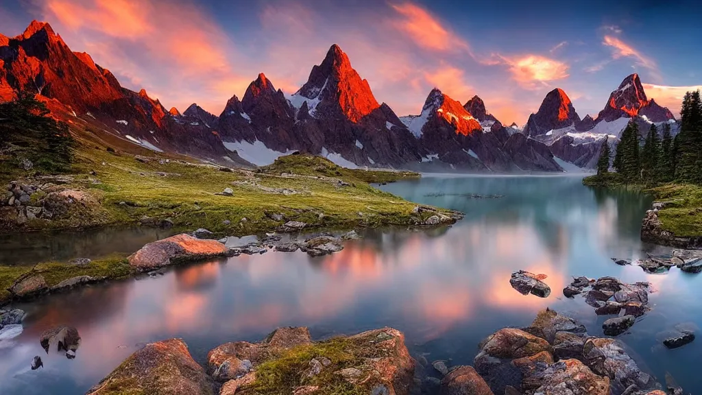 Image similar to amazing landscape photo of mountains with lake in sunset by marc adamus, beautiful dramatic lighting