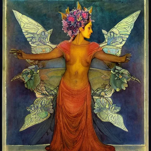 Image similar to the dawn crown, by Annie Swynnerton and Nicholas Roerich and Diego Rivera, bioluminescent skin, tattoos, wings made out of flowers, elaborate costume, geometric ornament, symbolist, soft colors, smooth, sharp focus, extremely detailed