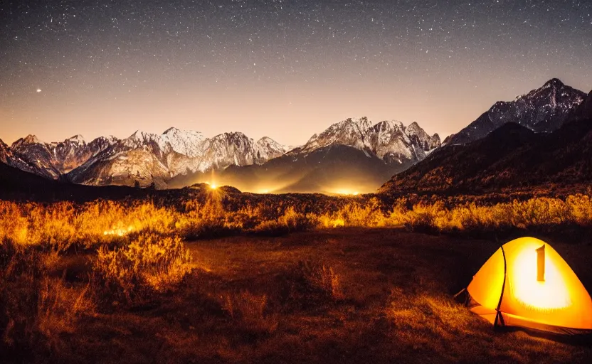Prompt: night photography of a tent and fireplace with mountains in the background