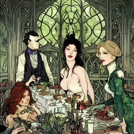 Prompt: a beautiful picture of doctor poison ivy professor of botany and doctor liliana vess professor of demonology having lunch, academic clothing, dark eyeliner, intricate, elegant, highly detailed, digital painting, artstation, concept art, matte, sharp focus, illustration, art by rebecca guay and by arthur rackham and by alphonse mucha and by john william waterhouse