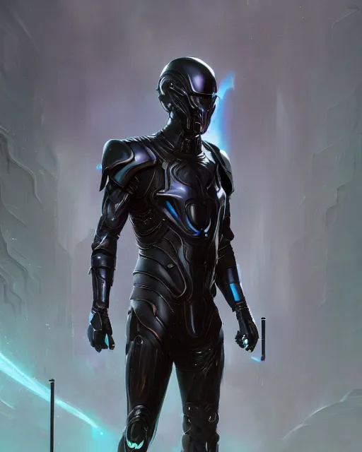 Prompt: character concept of iridescent sinewy smooth muscular male sleek glossy indigo black pearlescent liquid metal scifi armor with smooth black featureless helmet, by greg rutkowski, mark brookes, jim burns, tom bagshaw, magali villeneuve, trending on artstation