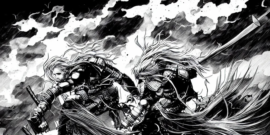 Image similar to thor with blond hair catches lightning and holds an ax in an epic battle with storm clouds with faces monsters by tsutomu nihei, black and white, epic battle background, comic, cinematic