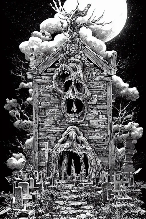 Image similar to grotesque creature, moonlit sky, highly detailed ink illustration of a forgotten cemetery, b & w clean shaped illustration by kim jung gi, ric estrada, ron english and eiichiro oda
